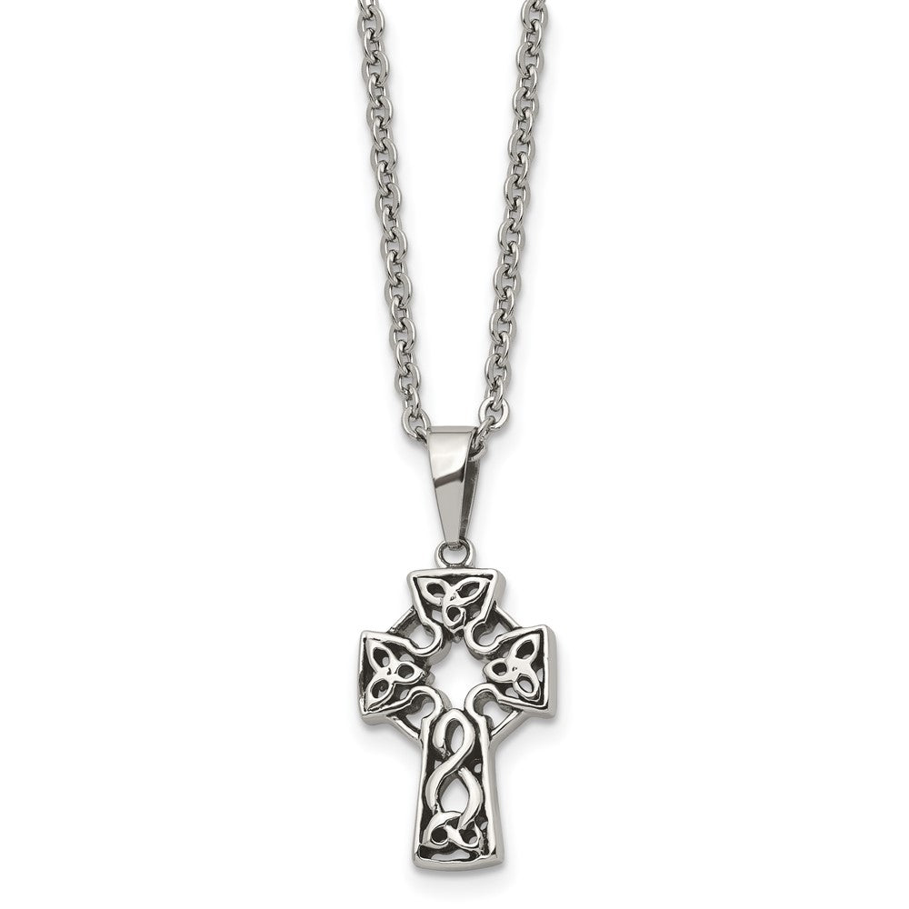 Chisel Stainless Steel Antiqued and Brushed Celtic Cross Pendant on an 18 inch Cable Chain Necklace, 18 x 15 mm
