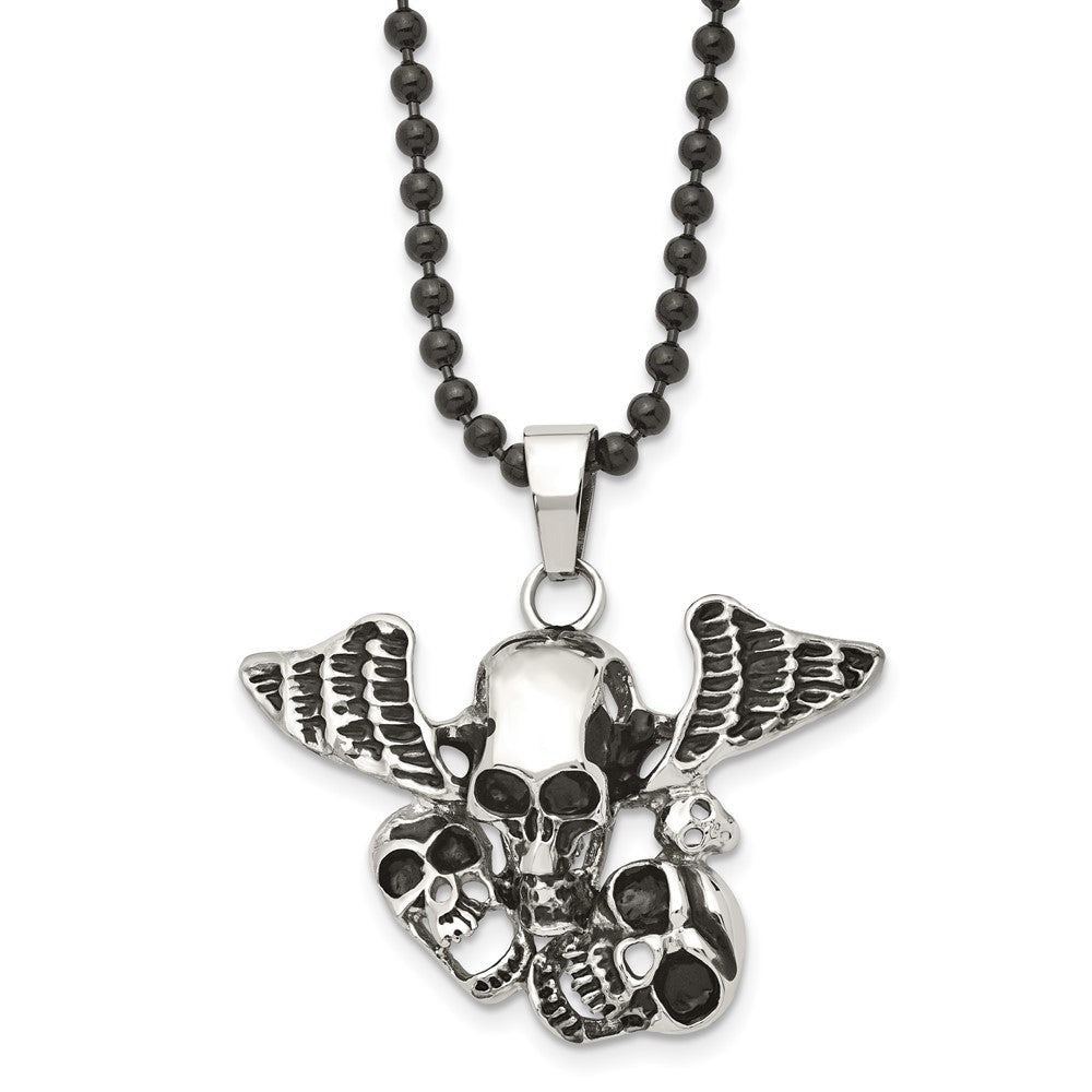 Stainless Steel Antiqued & Polished Black IP Skulls w/Wings 24in Necklace, 24 mm