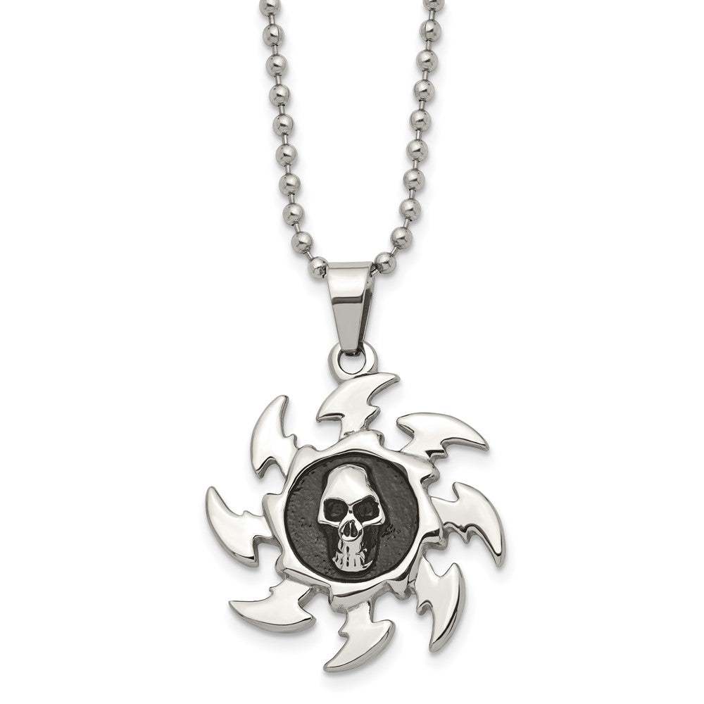 Chisel Stainless Steel Antiqued and Polished Skull on Saw Blade Pendant on a 24 inch Ball Chain Necklace, 24 x 35 mm