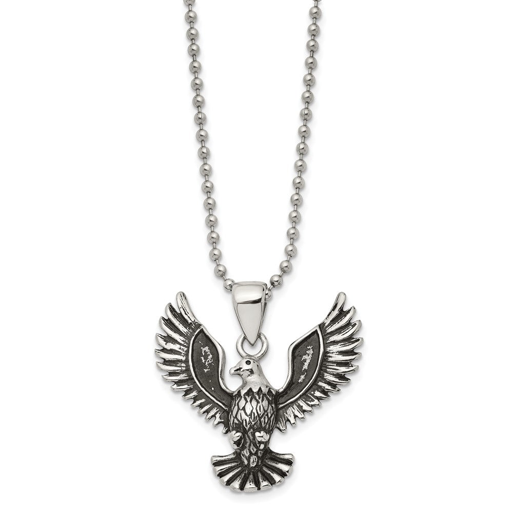Chisel Stainless Steel Antiqued and Polished Eagle Pendant on a 22 inch Ball Chain Necklace, 22 x 38 mm