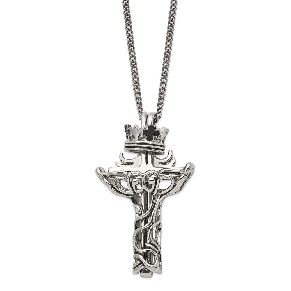 Chisel Stainless Steel Polished and Enameled 2 Piece Cross with Crown Pendant on a 22 inch Curb Chain Necklace, 22 x 32 mm