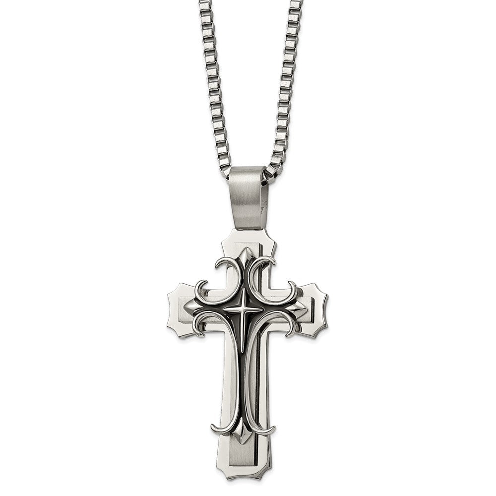 Chisel Stainless Steel Brushed and Polished with Black Enamel Large Cross Pendant on a 24 inch Box Chain Necklace, 24 x 50 mm