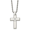 Chisel Stainless Steel Polished with CZ Cross Pendant on a 24 inch Rope Chain Necklace, 24 x 34 mm