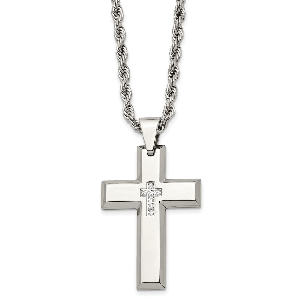 Chisel Stainless Steel Polished with CZ Cross Pendant on a 24 inch Rope Chain Necklace, 24 x 34 mm