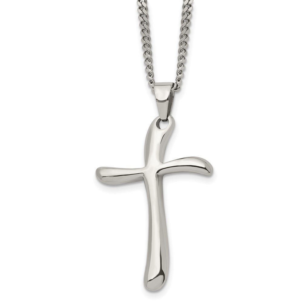Chisel Stainless Steel Polished Wavy Cross Pendant on a 22 inch Curb Chain Necklace, 22 x 30 mm