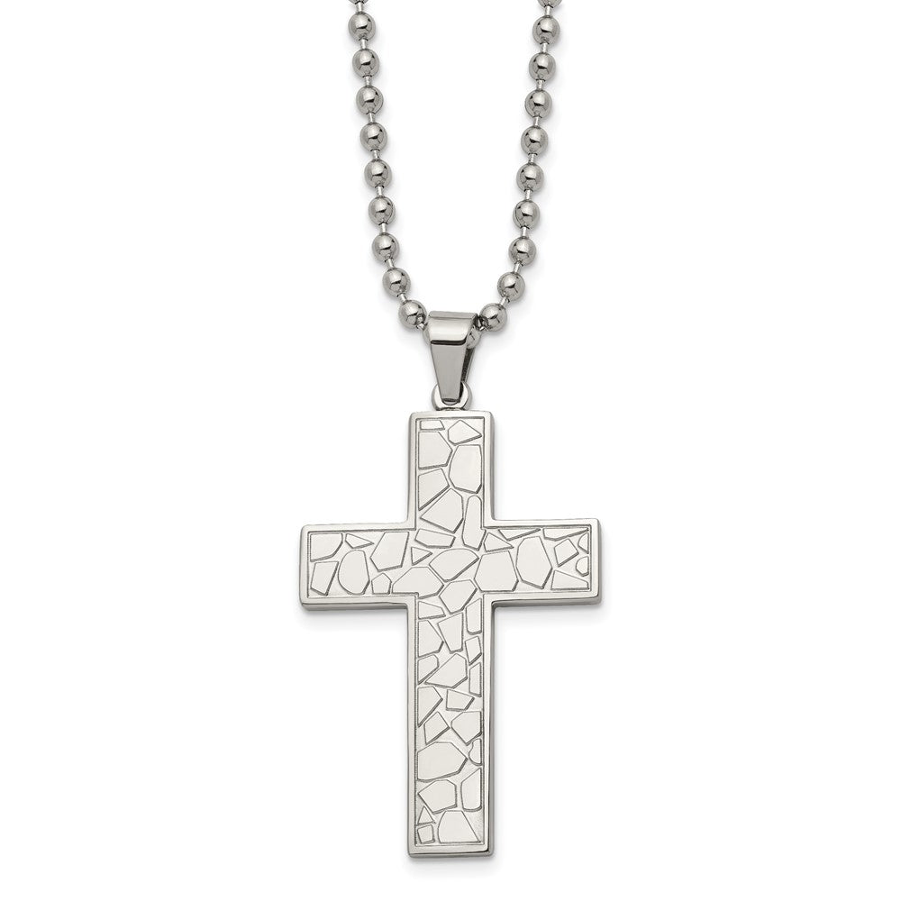 Chisel Stainless Steel Polished and Textured Cross Pendant on a 24 inch Ball Chain Necklace, 24 x 32 mm