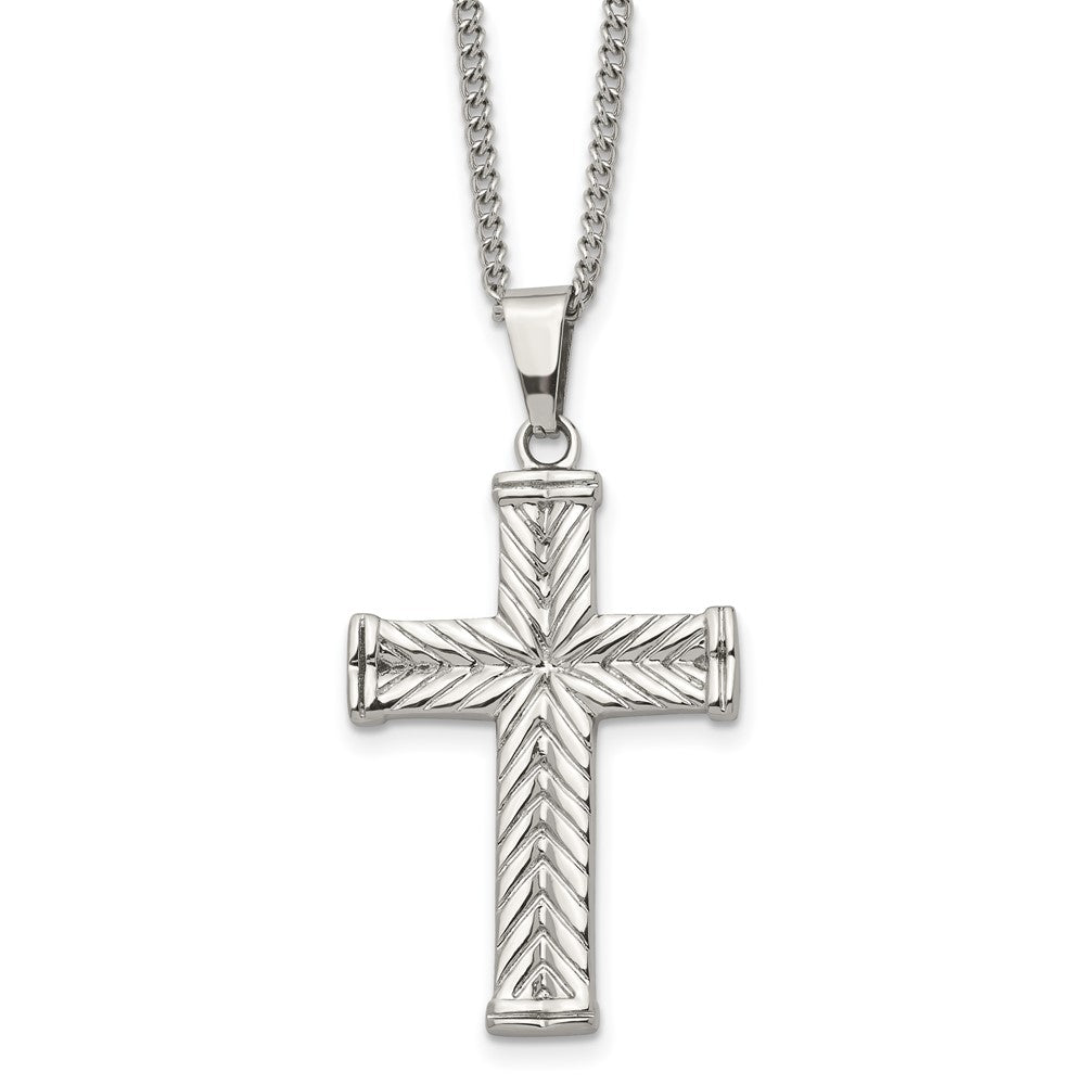 Chisel Stainless Steel Polished and Textured Cross Pendant on a 22 inch Curb Chain Necklace, 22 x 28 mm