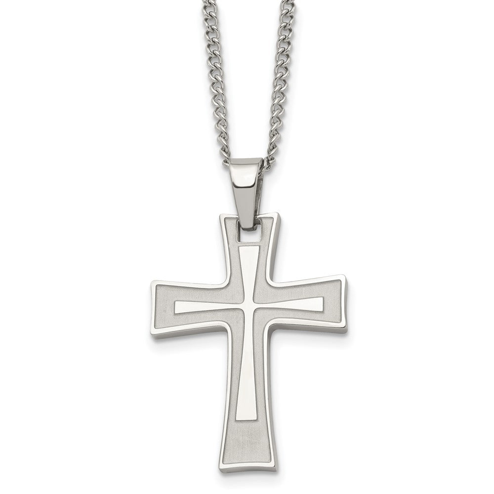 Chisel Stainless Steel Brushed and Polished Cross Pendant on a 24 inch Cable Chain Necklace, 24 x 20 mm