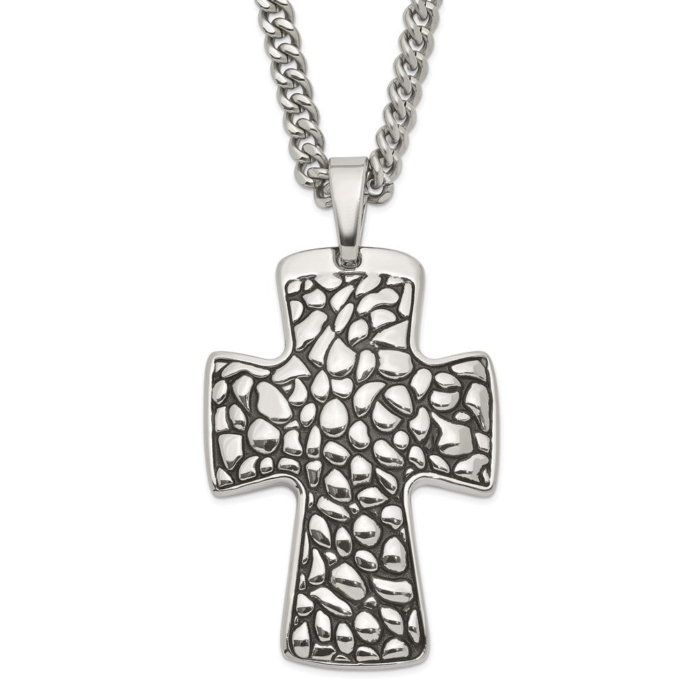 Stainless Steel Black Enamel Pebble Textured Cross Pendant Necklace, 22 mm