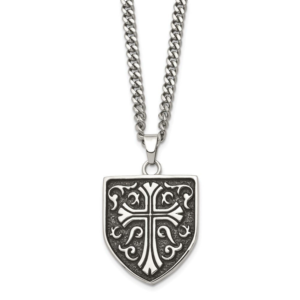 Chisel Stainless Steel Antiqued Polished and Textured Cross Shield Pendant on a 24 inch Curb Chain Necklace, 24 x 30.7 mm