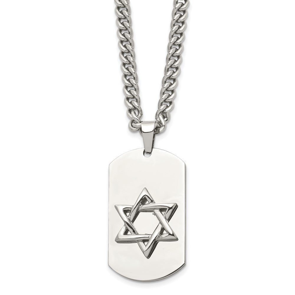 Chisel Stainless Steel Polished Star of David Dog Tag on a 24 inch Curb Chain Necklace, 24 x 25 mm