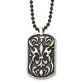 Stainless Steel Antiqued and Polished Black IP Fleur de lis Dog Tag Necklac, 24 mm