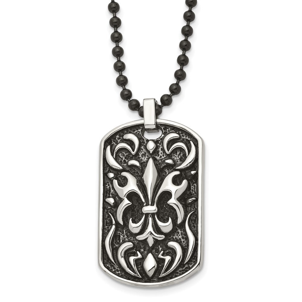 Stainless Steel Antiqued and Polished Black IP Fleur de lis Dog Tag Necklac, 24 mm
