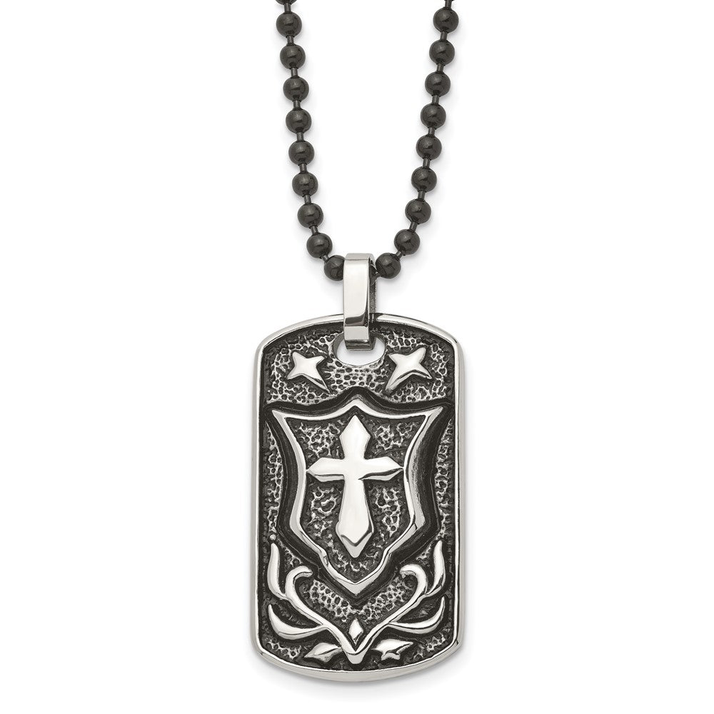 Chisel Stainless Steel Antiqued Polished and Textured Cross Shield Dog Tag on a 24 inch Ball Chain Necklace, 24 x 24.32 mm