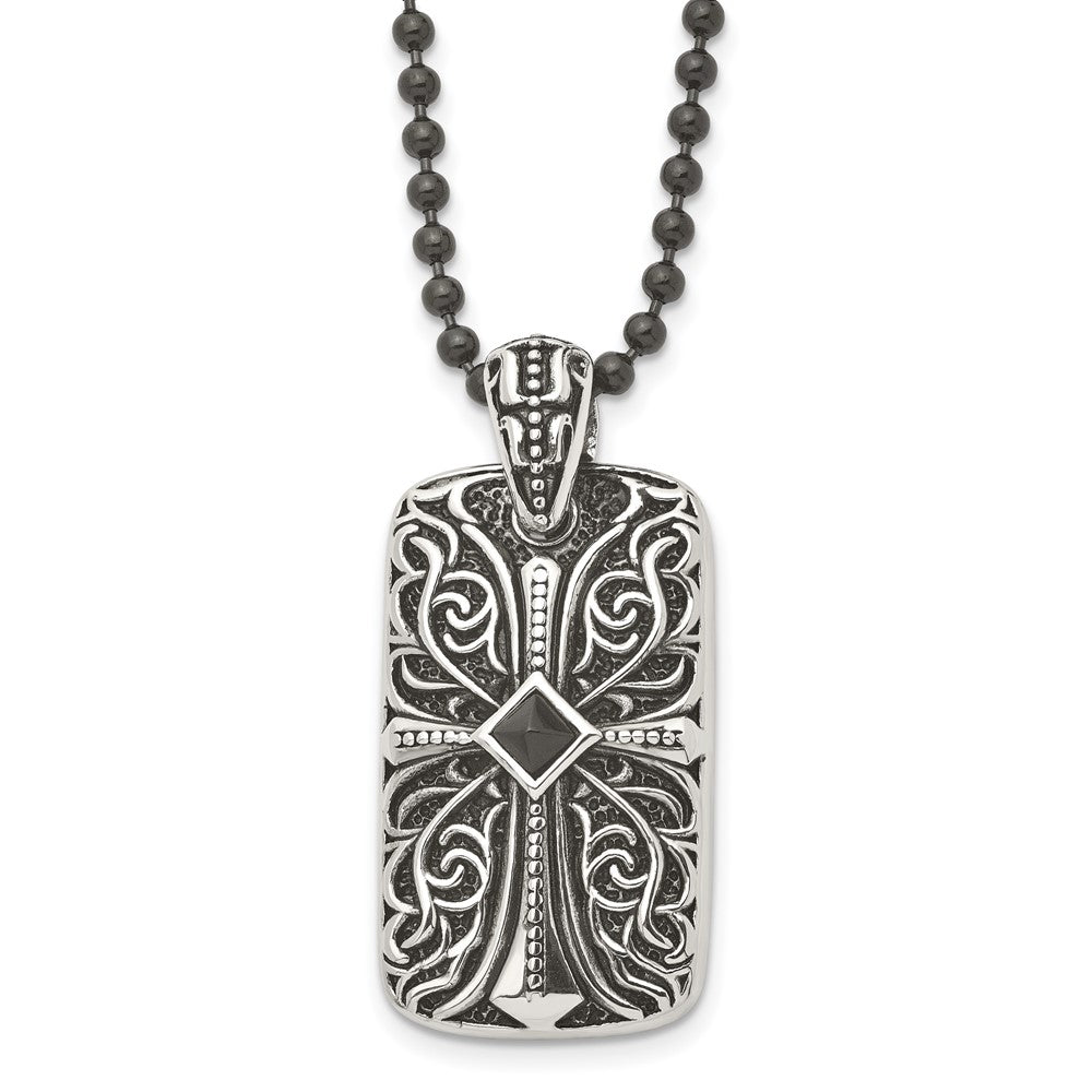 Stainless Steel Antiqued and Polished w/Black Agate Cross DogTag 30in Neckl, 30 mm