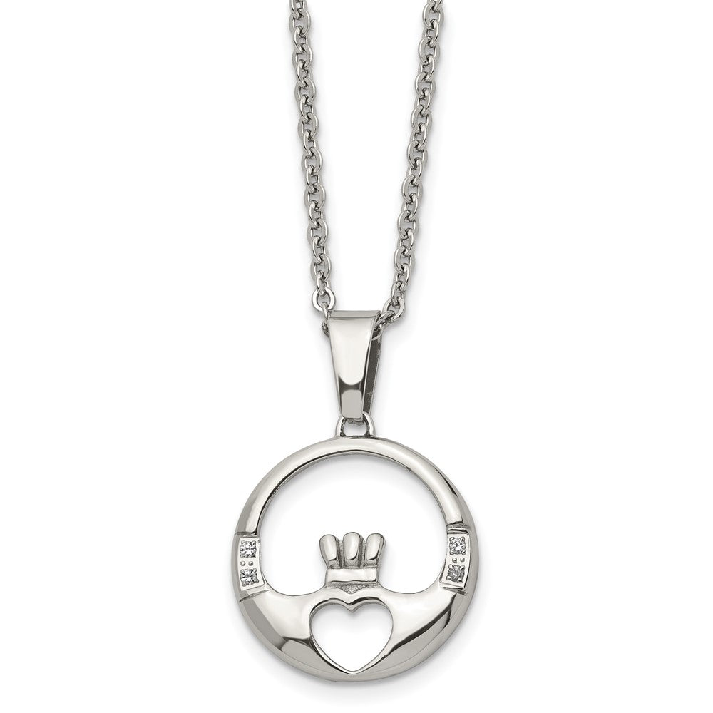 Chisel Stainless Steel Polished with CZ Claddagh Pendant on a 20 inch Cable Chain Necklace, 20 x 25 mm