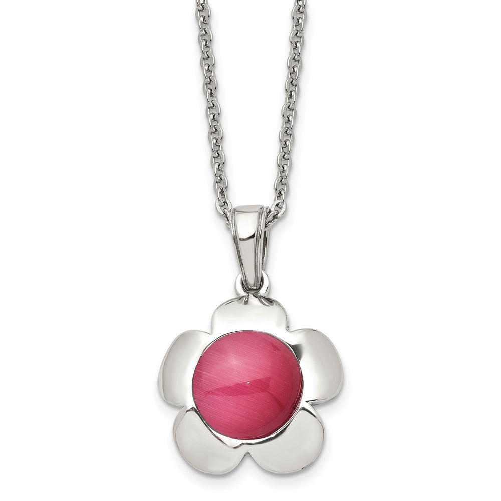 Chisel Stainless Steel Polished Flower with Pink Cat's Eye Pendant on an 18 inch Cable Chain Necklace, 18 x 26 mm