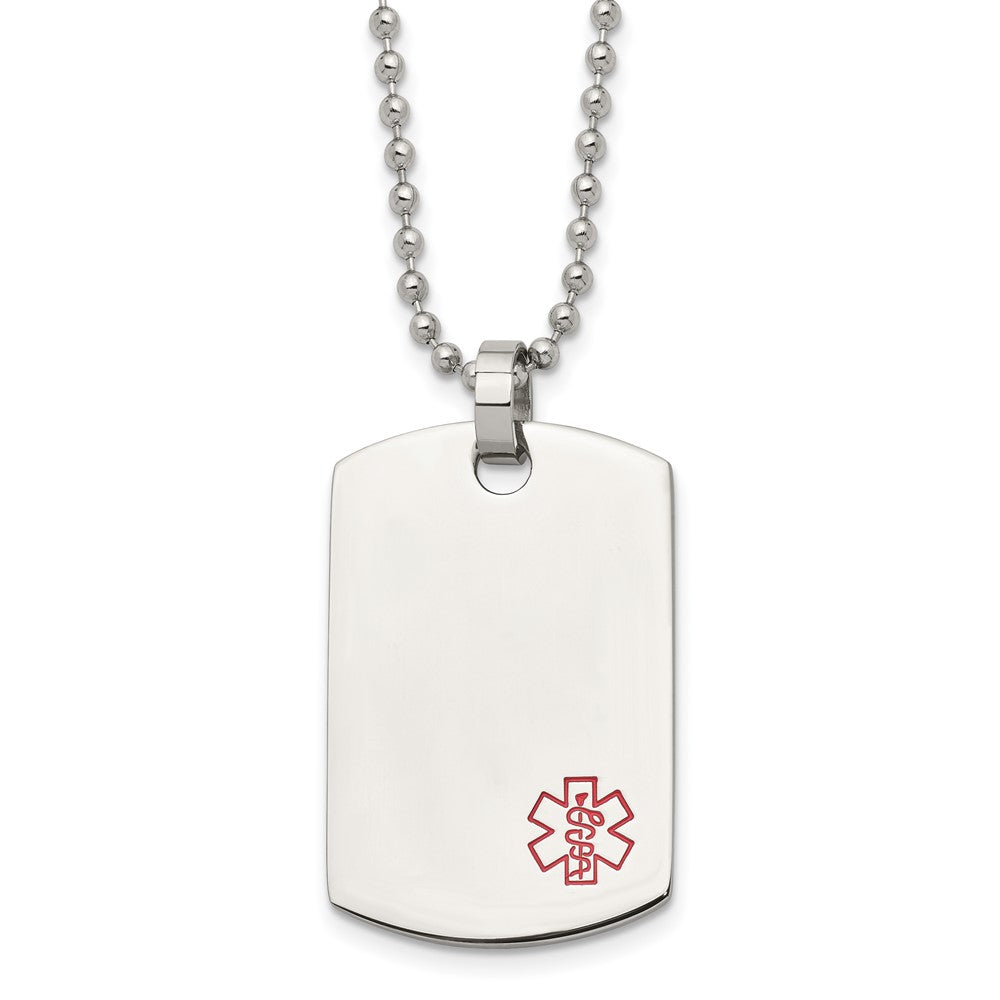 Chisel Stainless Steel Polished with Red Enamel Medical ID Dog Tag on a 24 inch Ball Chain Necklace, 24 x 25 mm