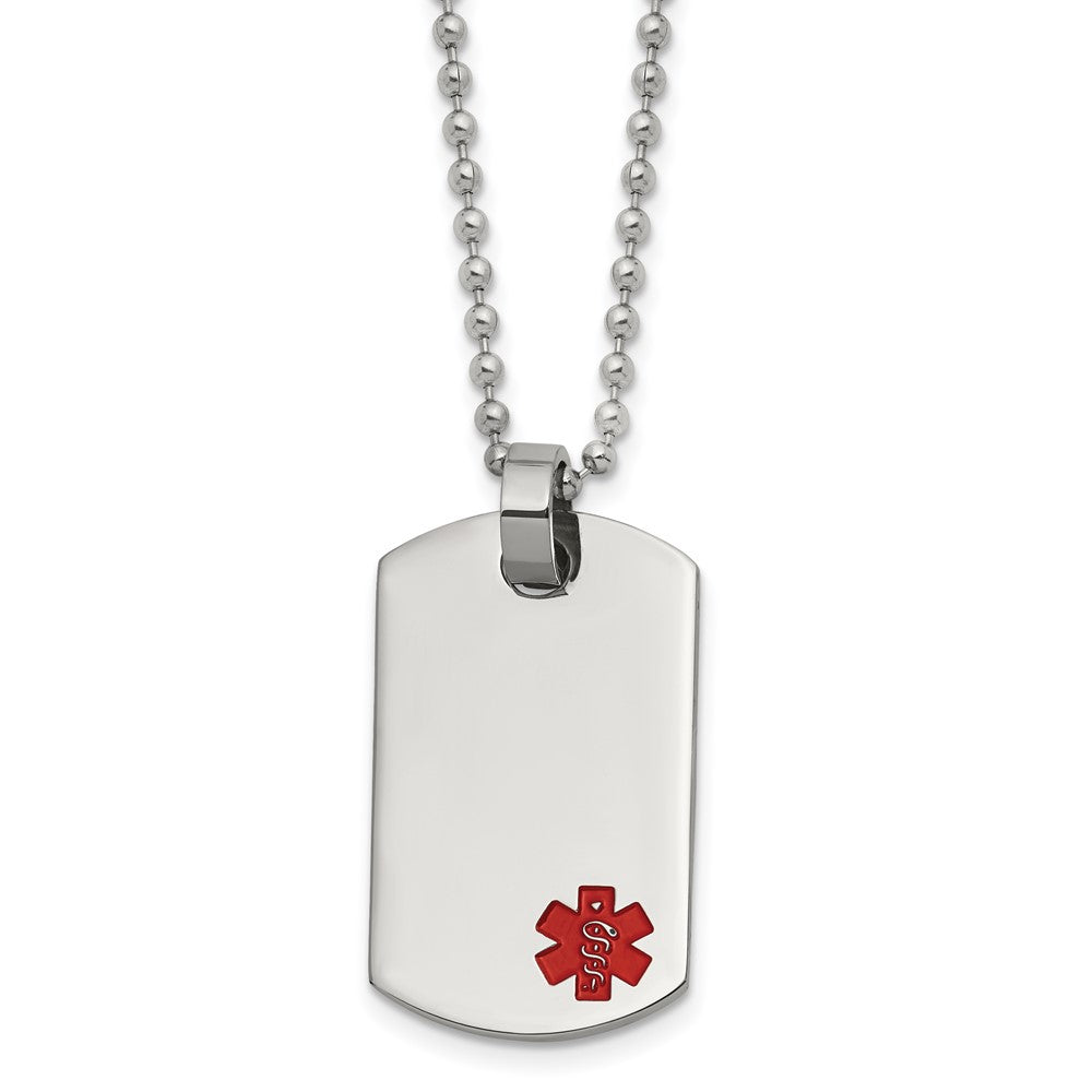 Chisel Stainless Steel Polished with Red Enamel Medical ID Dog Tag on a 24 inch Ball Chain Necklace, 24 x 18 mm