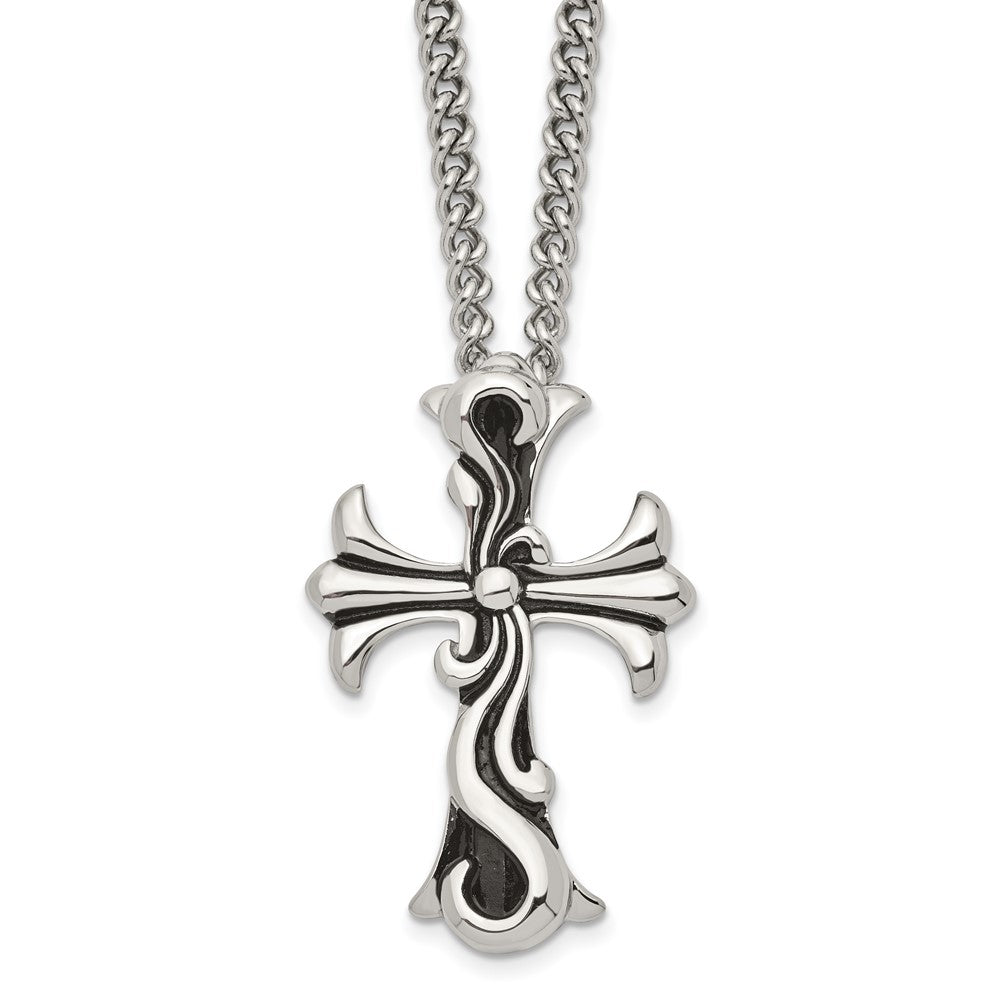 Chisel Stainless Steel Antiqued Polished and Textured Scroll Cross Pendant on a 22 inch Curb Chain Necklace, 22 x 30 mm