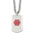 Chisel Stainless Steel Brushed and Polished with Red Enamel Medical ID Dog Tag on a 30 inch Curb Chain Necklace, 30 x 26 mm