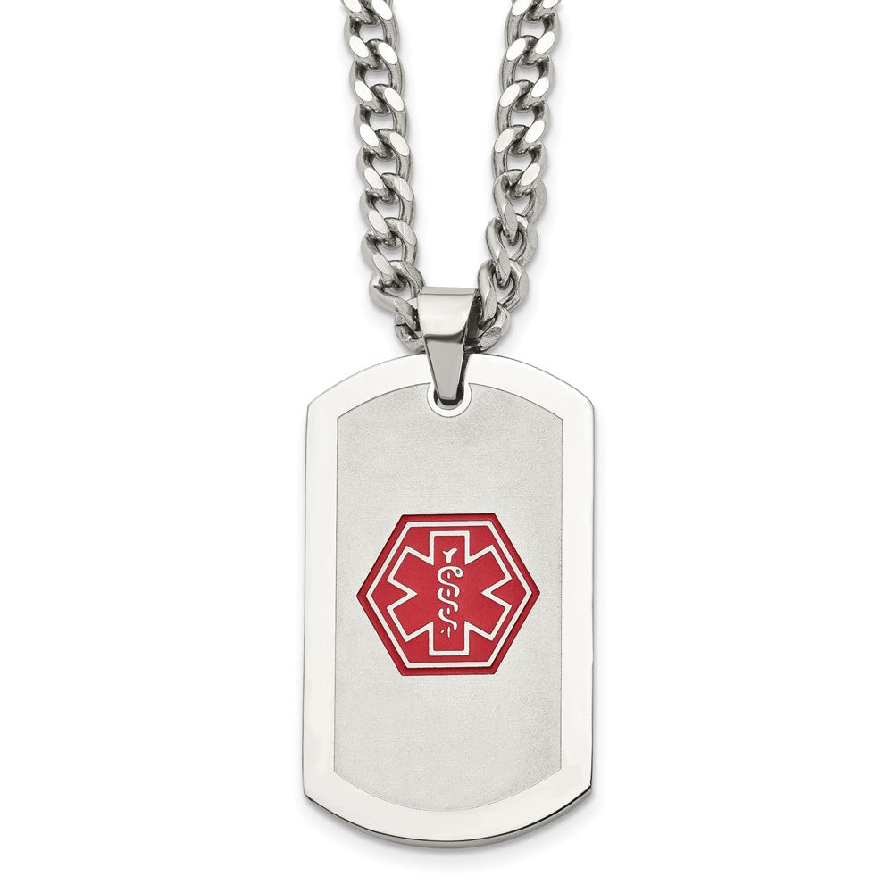 Chisel Stainless Steel Brushed and Polished with Red Enamel Medical ID Dog Tag on a 30 inch Curb Chain Necklace, 30 x 26 mm
