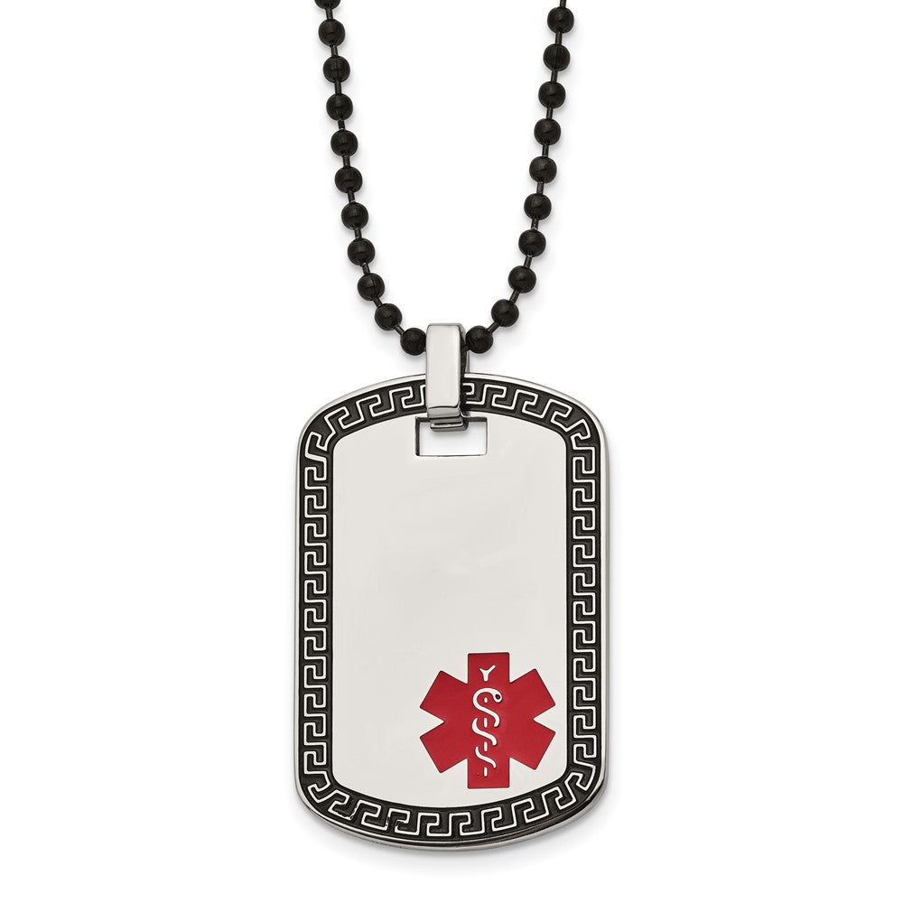 Chisel Stainless Steel Antiqued and Polished Greek Key Edge with Red Enamel Medical ID Dog Tag on a 30 inch Black IP-plated Ball Chain Necklace, 30 x 25 mm