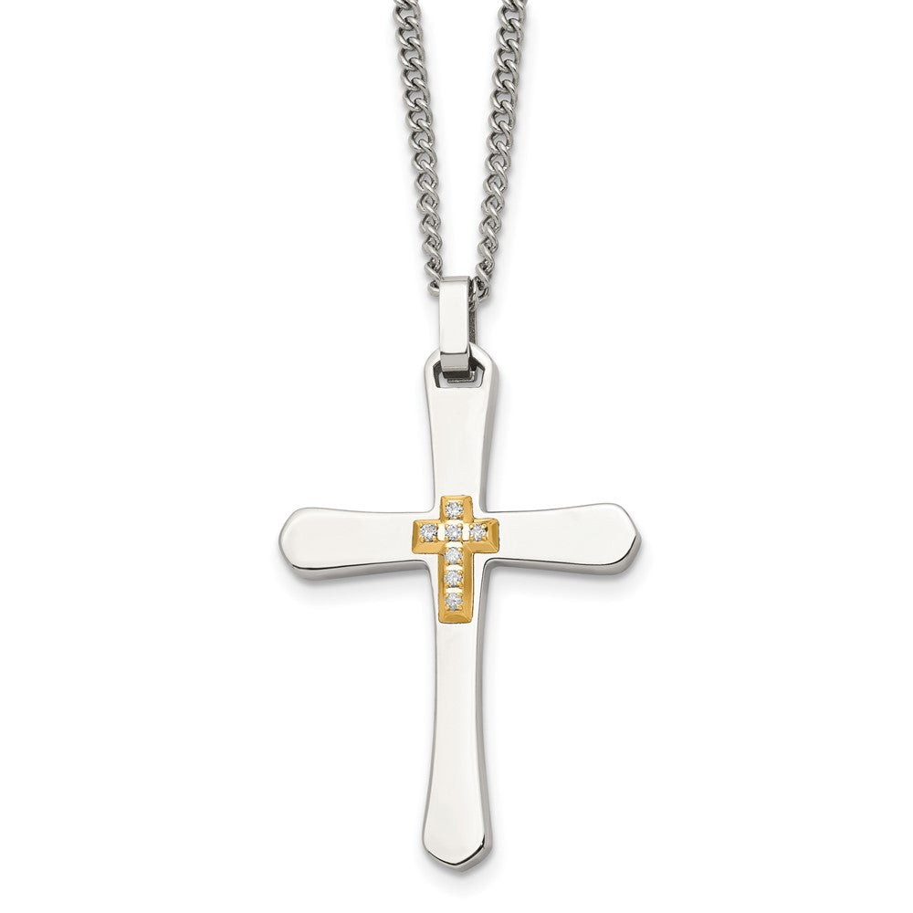 Chisel Stainless Steel Polished with 14k Gold Accent 1/15 carat Diamond Cross Pendant on a 22 inch Curb Chain Necklace, 0.07 ct, 22 x 30 mm