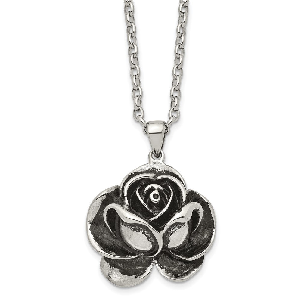 Chisel Stainless Steel Antiqued and Polished Flower Pendant on a 24 inch Cable Chain Necklace, 24 x 35 mm