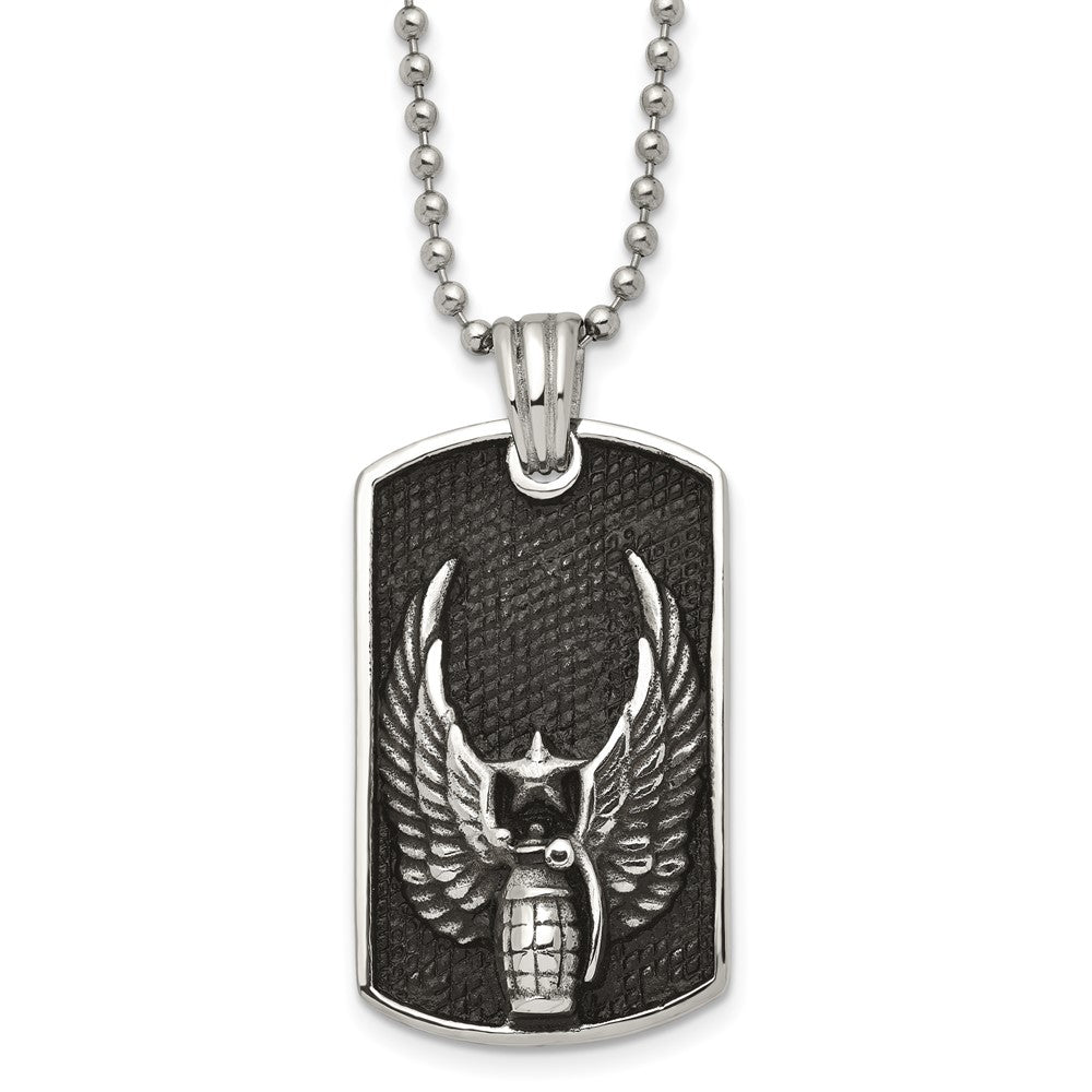 Chisel Stainless Steel Antiqued and Polished Black IP-plated Grenade with Wings Dog Tag on a 22 inch Ball Chain Necklace, 22 x 25 mm