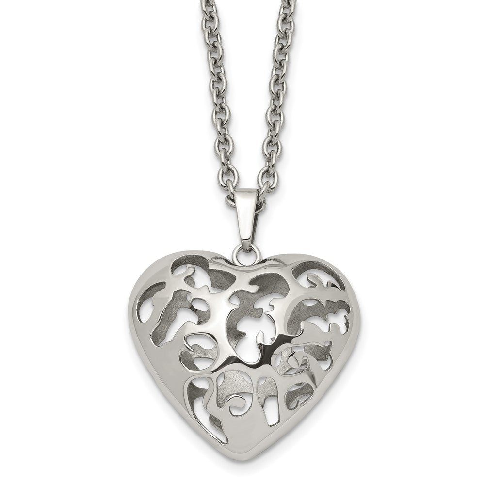Stainless Steel Polished Filigree Puffed Heart 20in Necklace, 20 mm