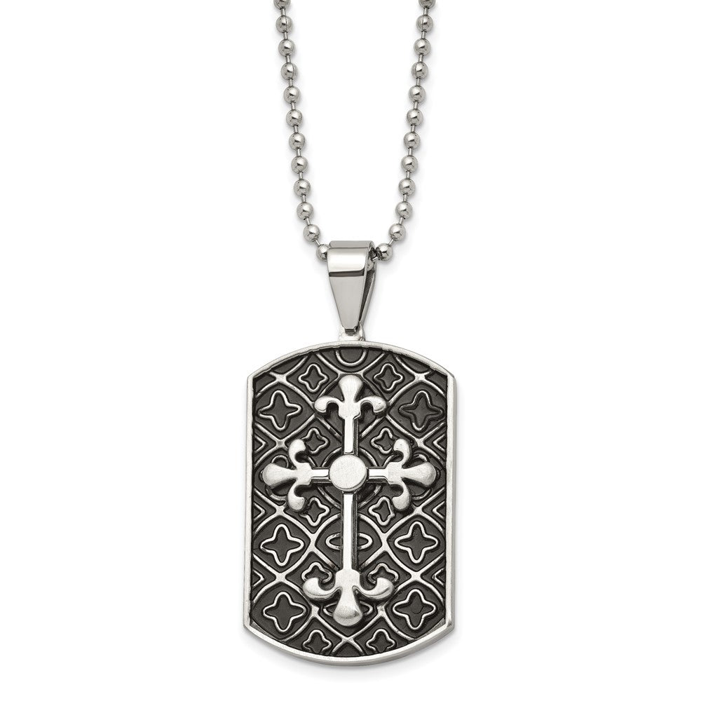 Stainless Steel Polished w/Black Enamel Cross Dog Tag 22in Necklace, 22 mm