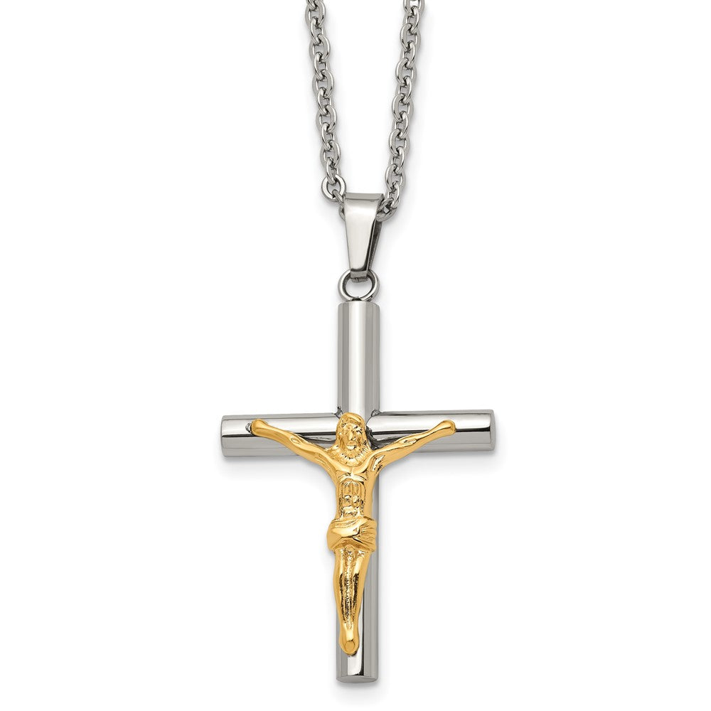 Chisel Stainless Steel Polished Yellow IP-plated Crucifix Pendant on a 20 inch Cable Chain Necklace, 20 x 25 mm