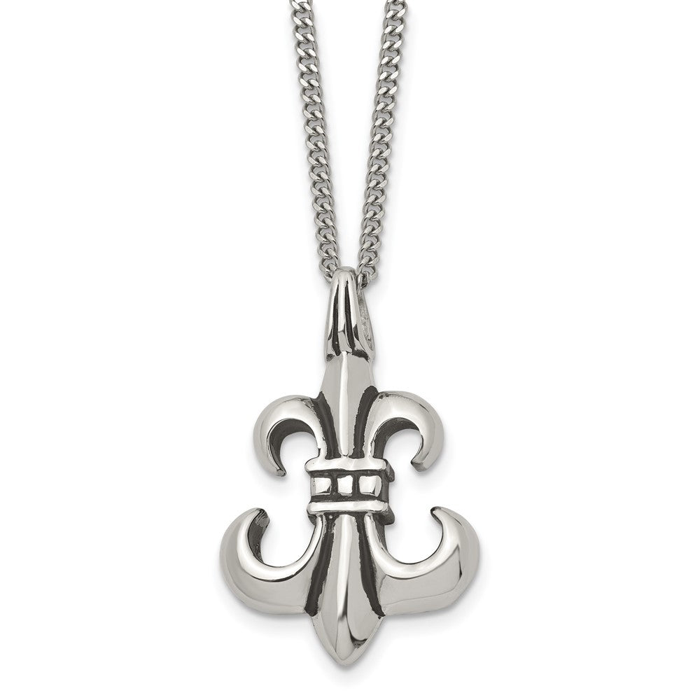Stainless Steel Antiqued and Polished Fleur de lis 18in Necklace, 18 mm, 11.01 g