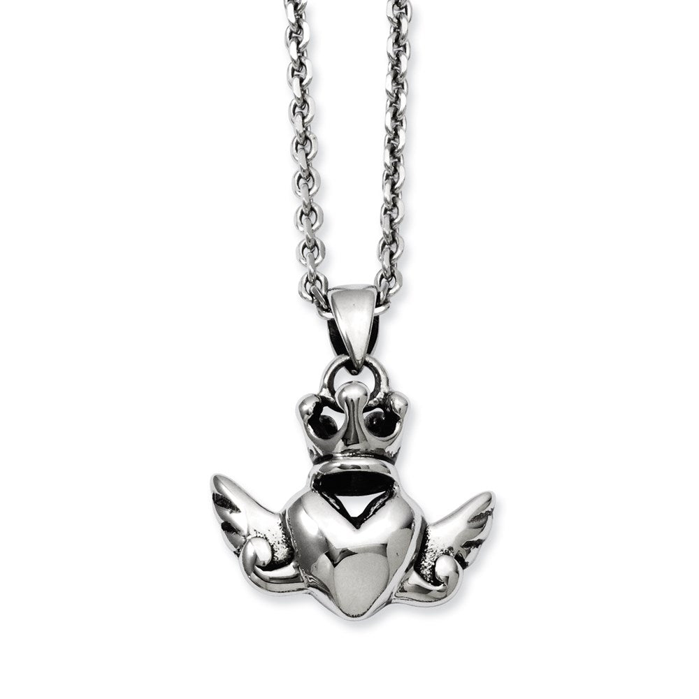Stainless Steel Heart with Crown & Wings 20in w/ext Necklace, 20 mm
