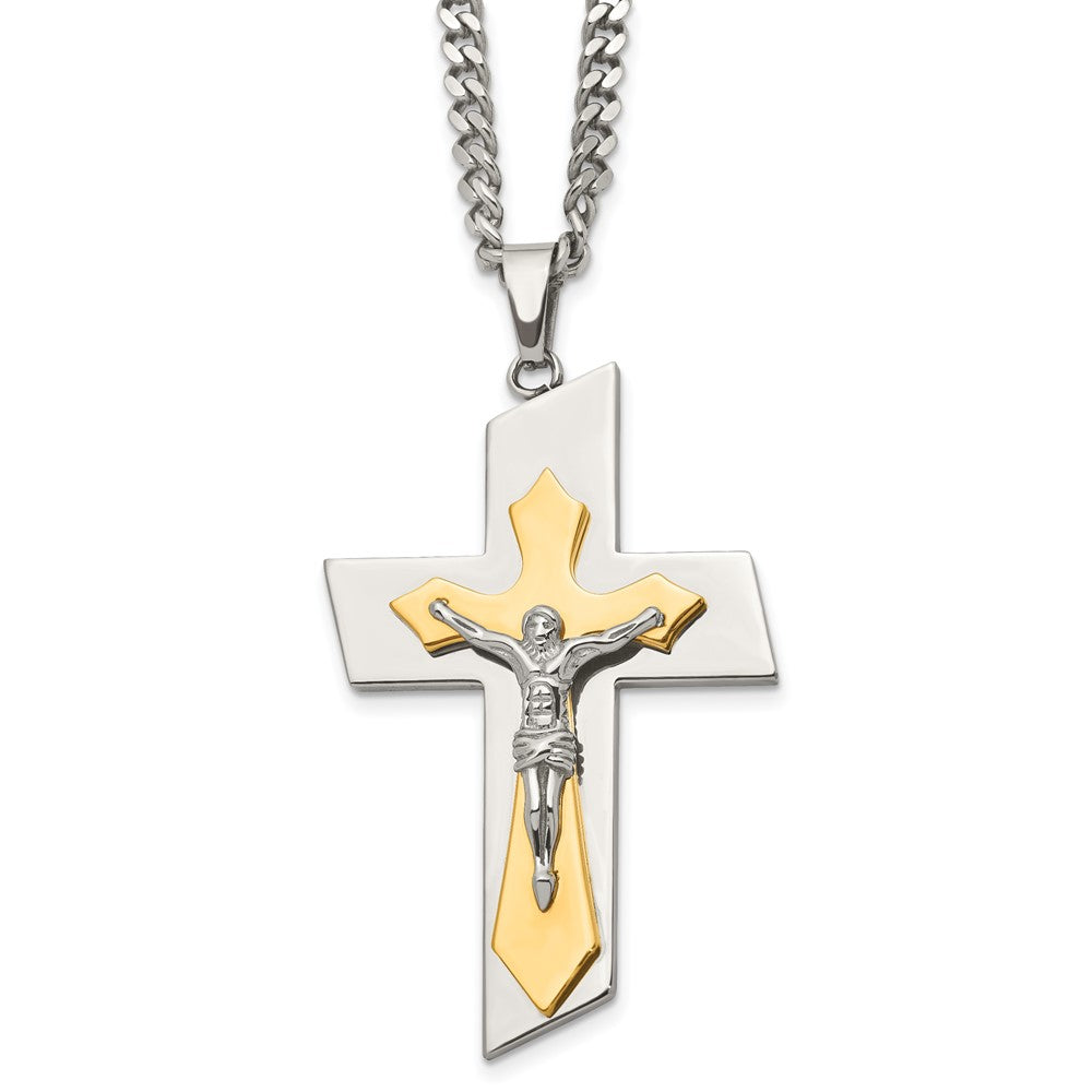 Chisel Stainless Steel Brushed and Polished Yellow IP-plated Crucifix on a 24 inch Curb Chain Necklace, 24 x 40 mm