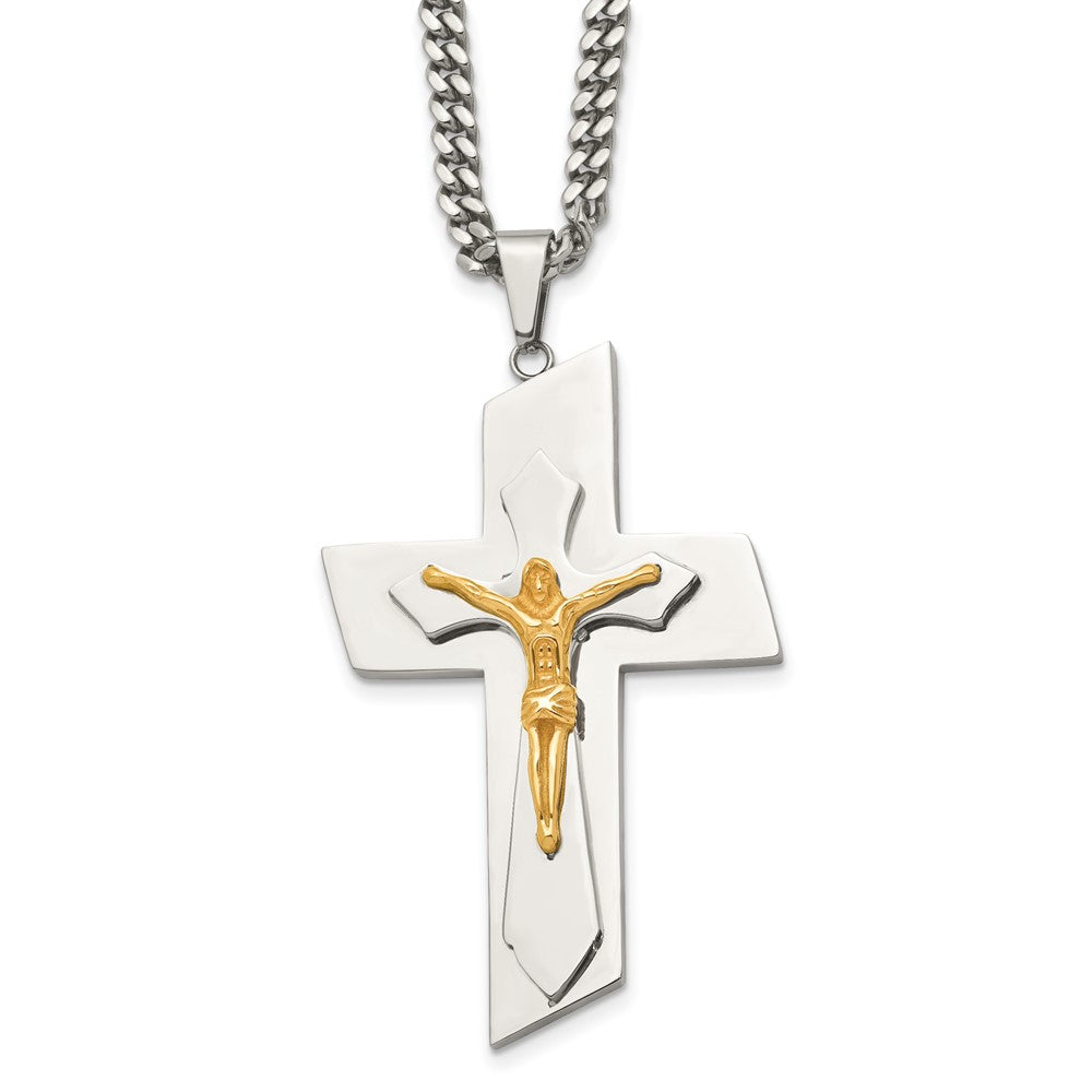 Stainless Steel Polished Yellow IP-plated Crucifix 24 inch Necklace, 24 mm
