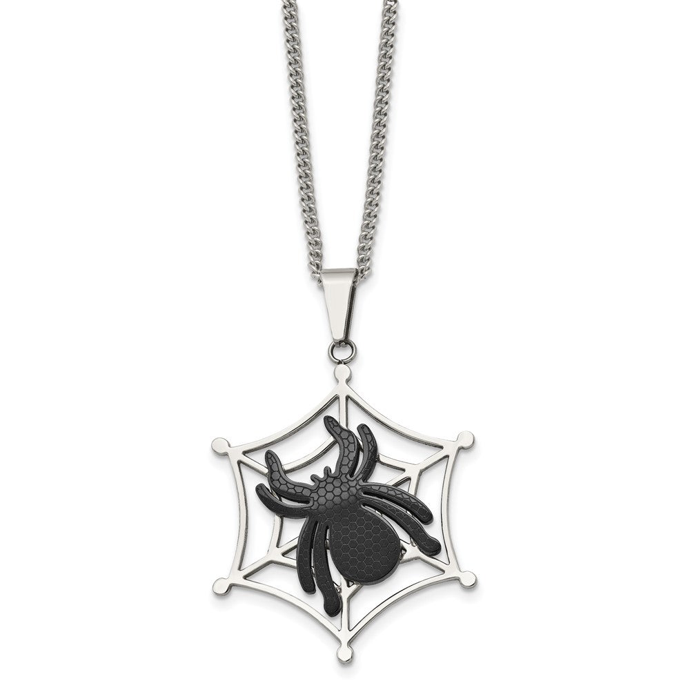 Stainless Steel Polished Black IP-plated Spider on Web 22in Necklace, 22 mm