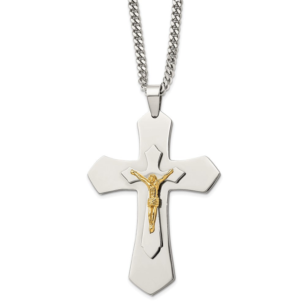 Chisel Stainless Steel Polished Yellow IP-plated Large Crucifix Pendant on a 24 inch Curb Chain Necklace, 24 x 55 mm