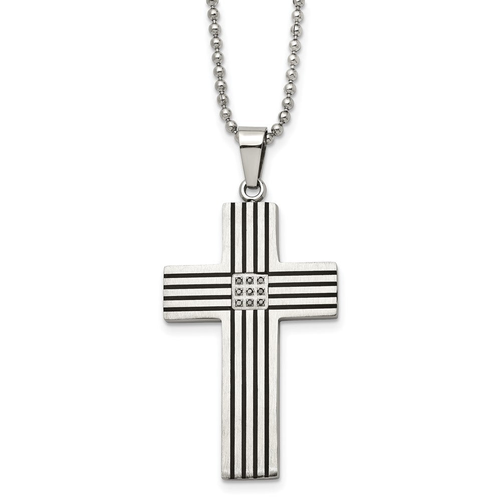 Chisel Stainless Steel Polished Black IP-plated 1/20 carat Black Diamond Striped Cross Pendant on a 22 inch Ball Chain Necklace, 0.04 ct, 22 x 29 mm