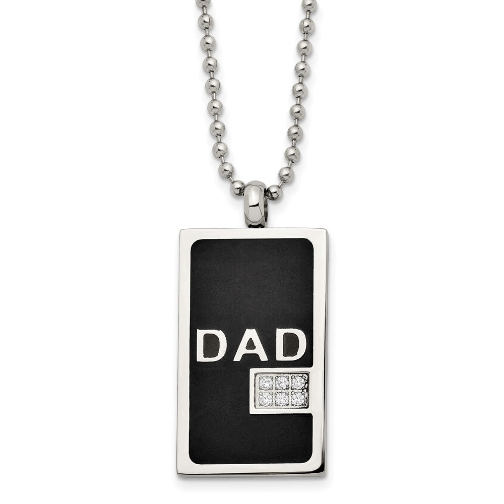 Chisel Stainless Steel Polished Black IP-plated with CZ DAD Dog Tag on a 24 inch Ball Chain Necklace, 24 x 22 mm