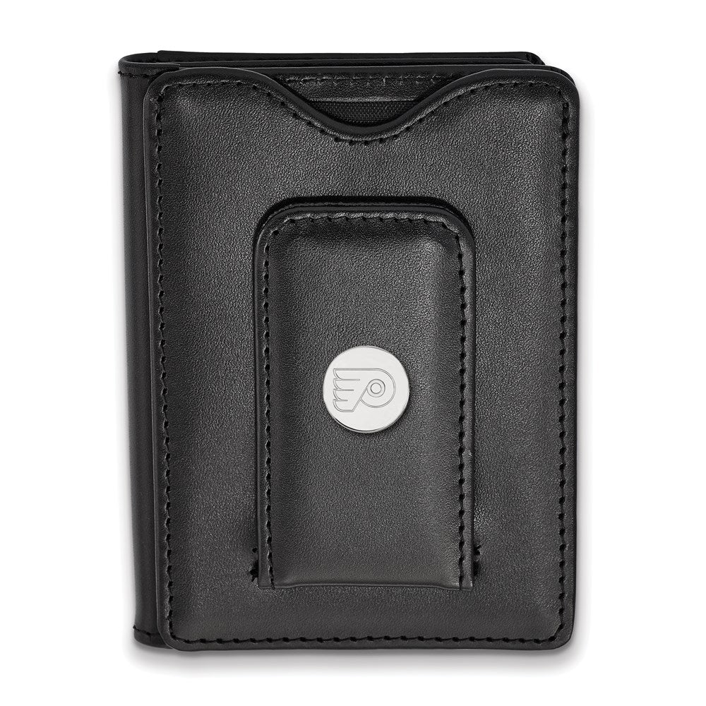 SS Rh-p NHL LogoArt Philadelphia Flyers Black Leather Money Clip Wa