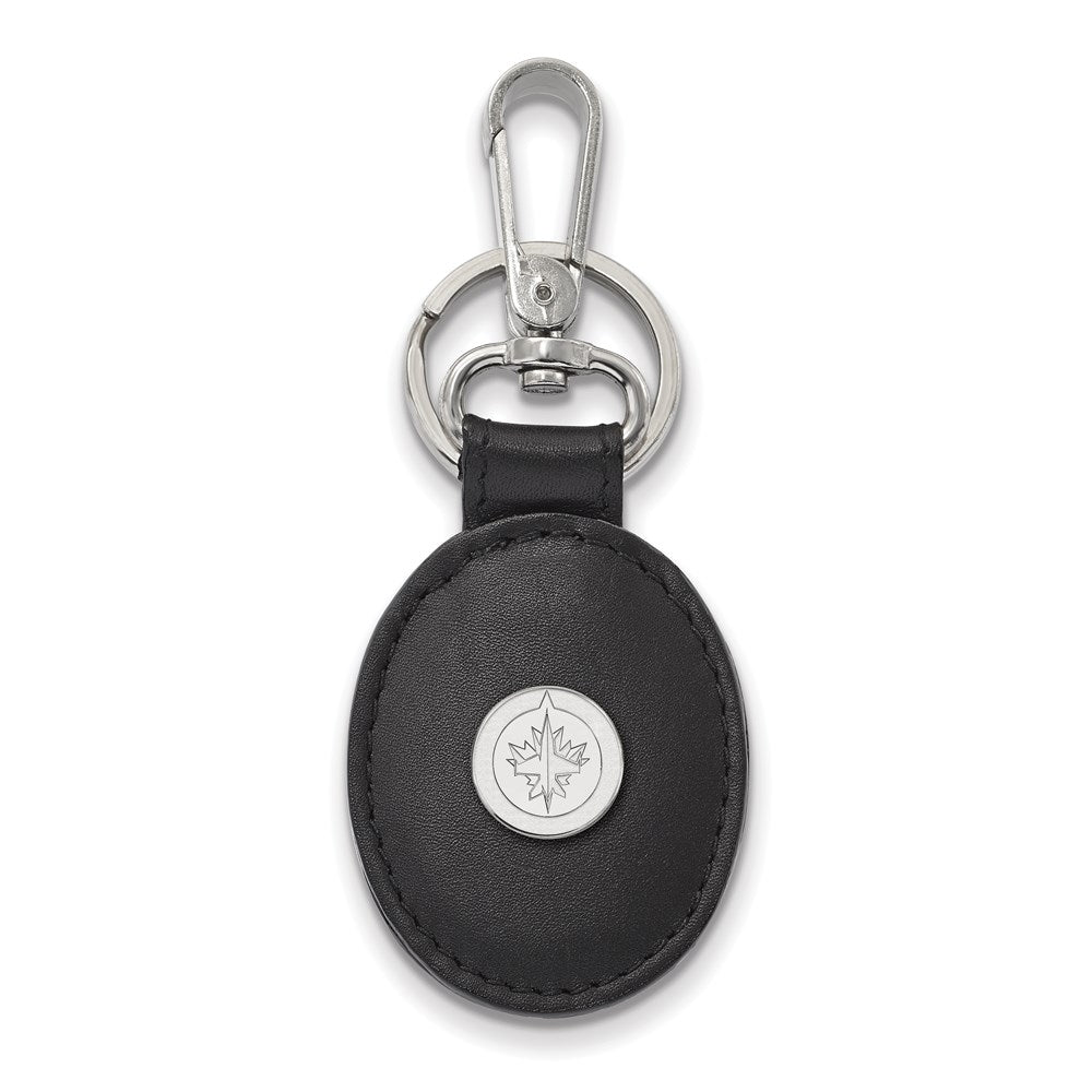 Sterling S. Rh-p NHL LogoArt Winnipeg Jets Black Leather Oval Key Chain