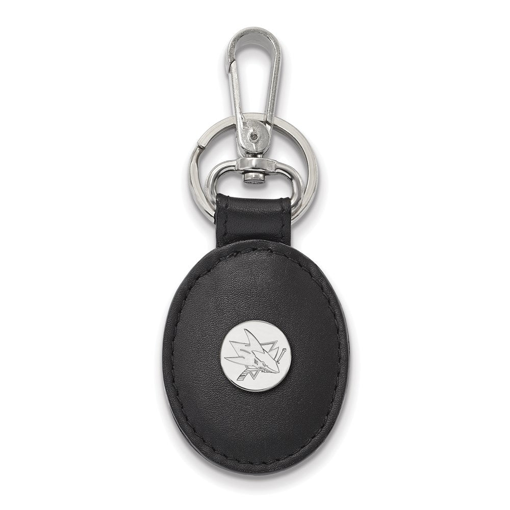 Sterling S. Rh-p NHL LogoArt San Jose Sharks Black Leather Oval Key Chain