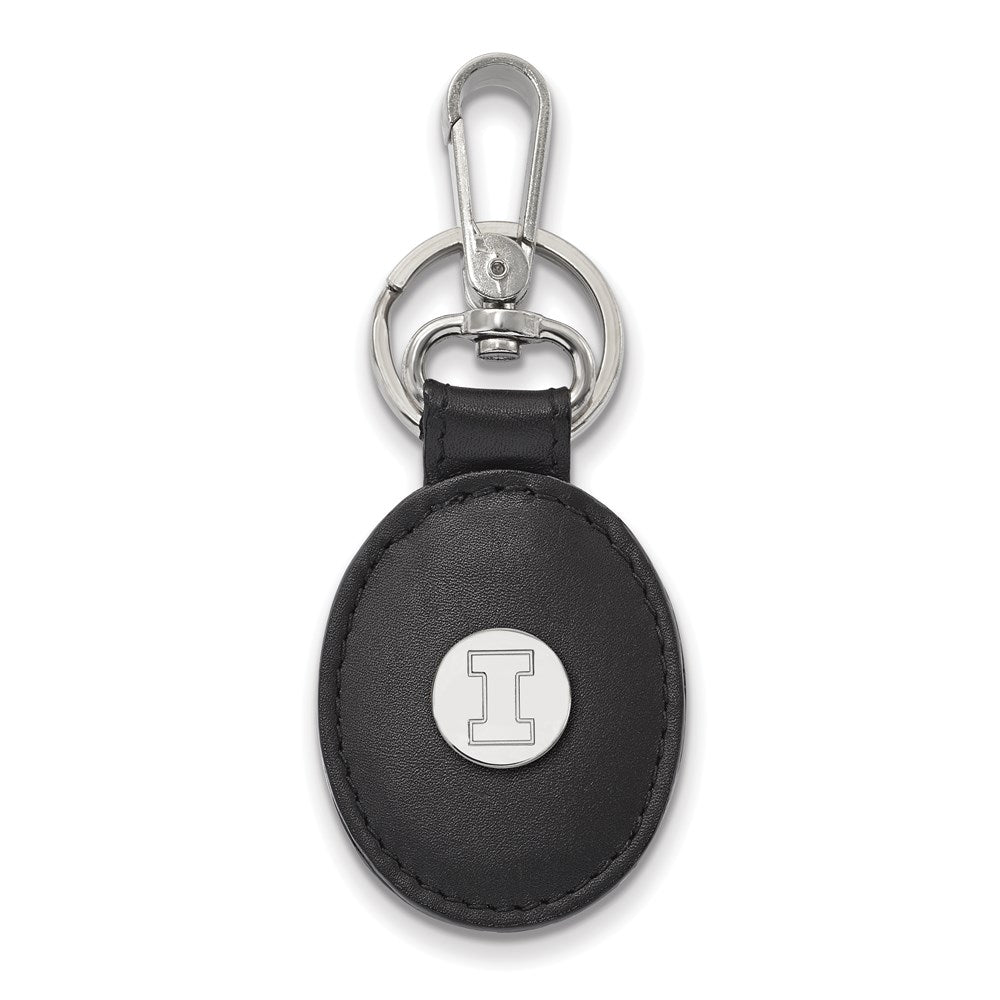 SS Rh-p LogoArt University of Illinois Black Leather Oval Key Chain