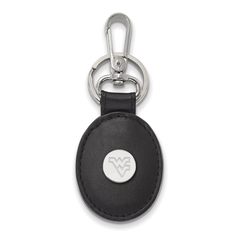 SS Rh-p LogoArt West Virginia University Black Leather Oval Key Cha