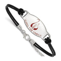 Sterling Silver Rhodium-plated LogoArt Alpha Chi Omega Sorority Symbol Color Enamel Black Leather 7 inch Bracelet with Extender, 7 x 15 mm