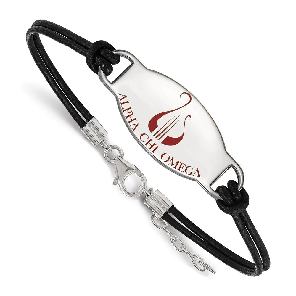 Sterling Silver Rhodium-plated LogoArt Alpha Chi Omega Sorority Symbol Color Enamel Black Leather 7 inch Bracelet with Extender, 7 x 15 mm