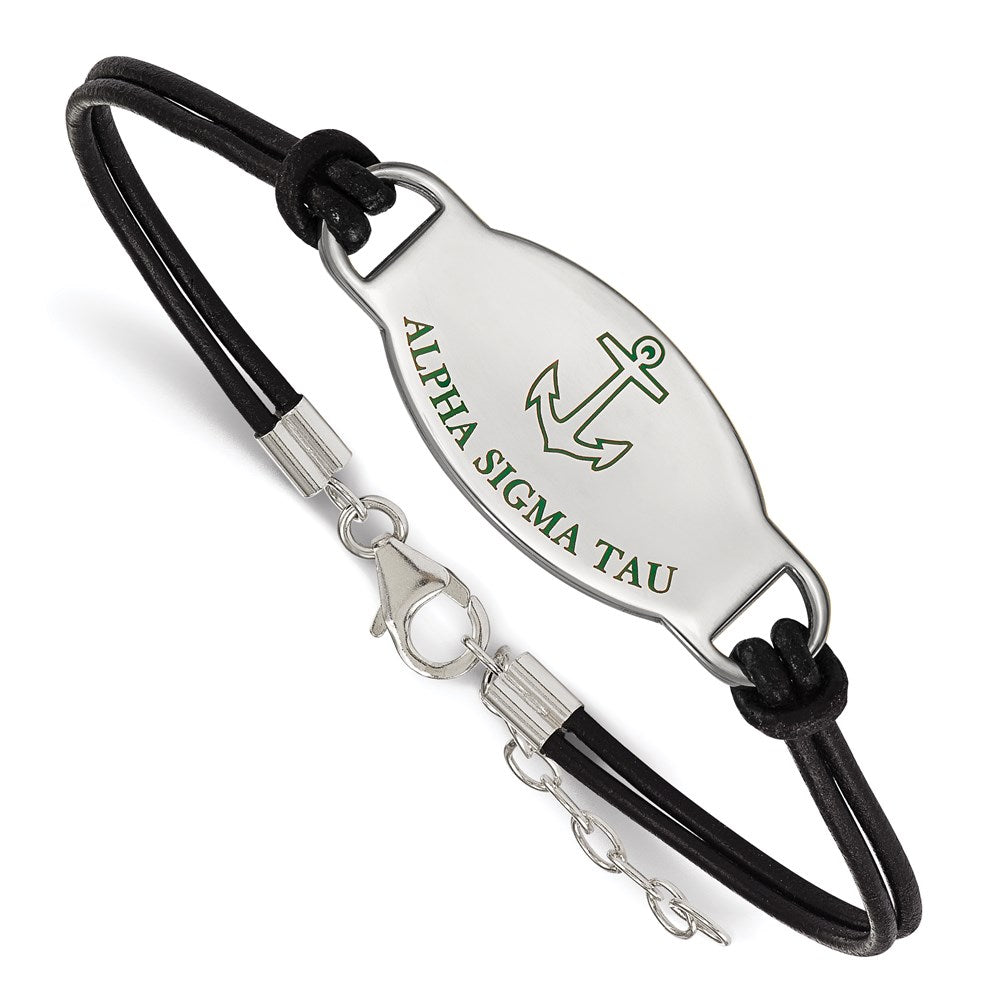 Sterling Silver Rhodium-plated LogoArt Alpha Sigma Tau Sorority Symbol Color Enamel Black Leather 7 inch Bracelet with Extender, 7 x 33 mm
