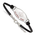 Sterling Silver Rhodium-plated LogoArt Alpha Phi Sorority Symbol Color Enamel Black Leather 7 inch Bracelet with Extender, 7 x 33 mm